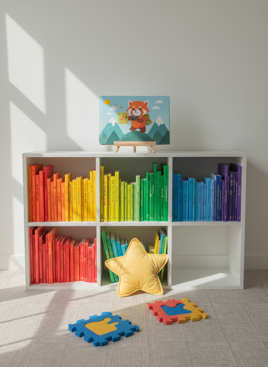 A bright playroom corner with a low, white cube shelf filled with neatly arranged children’s books, their spines forming a rainbow gradient from red to violet. On top of the shelf sits a single, prominently featured picture book standing forward, its cover showing a cheerful animal explorer with a backpack, framed by a simple wooden book stand. Scattered on the soft foam floor mat below are a few oversized puzzle pieces and a plush star pillow. Sunlit mid-morning light streams through an unseen window, creating lively yet soft-edged shadows and illuminating the colorful spines. Photographic realism, shot straight-on at shelf height. The mood is organized, playful, and energizing, perfect for a portfolio or “bookshelf” showcase.