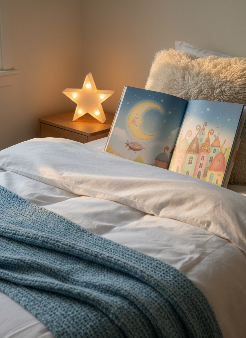 A cozy bed scene styled for bedtime reading, with a neatly turned-down white duvet, a sky-blue knitted throw, and a single open picture book resting on the pillow. The book’s illustration shows a gentle nighttime adventure with a smiling crescent moon above a tiny village of rounded, colorful houses. A small, star-shaped night light glows softly on the bedside table, its warm LED light casting subtle reflections on the book’s semi-gloss pages. Additional dim golden hour light filters through a nearby window, adding a soft rim light to the bedding. Photographic realism, shot at a slightly elevated side angle. The mood is calm, reassuring, and dreamy, ideal for promoting bedtime stories for young children.