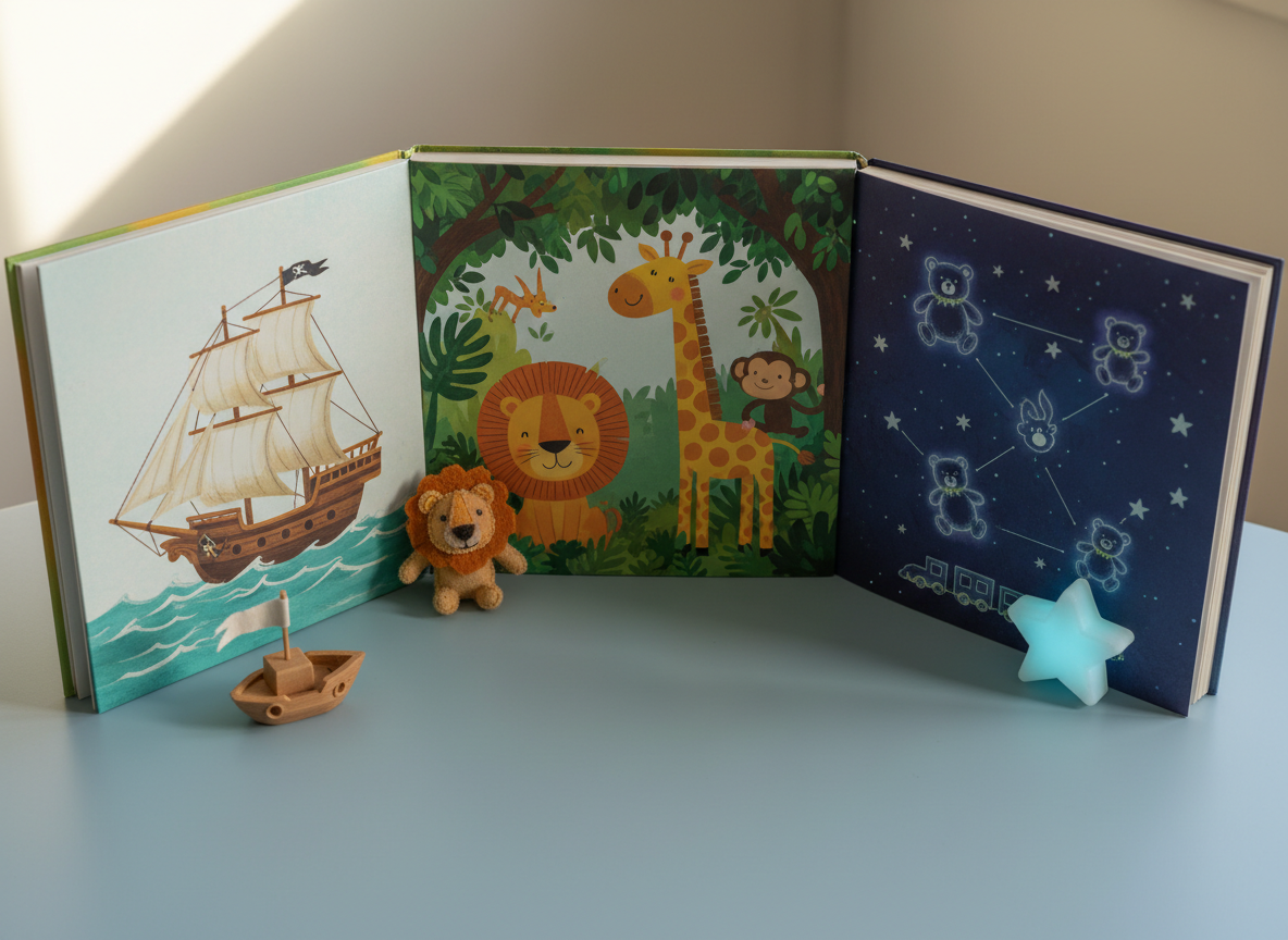 A playful scene of three children’s books arranged in a semi-circle on a pale blue tabletop, each open to a different adventure: one shows a pirate ship on gentle turquoise waves, another a jungle with smiling animals, and the third a night sky filled with friendly constellations shaped like animals and toys. Small 3D props—a miniature wooden boat, a tiny felt lion, and a glow-in-the-dark star—sit near their matching pages. Soft, diffused afternoon light streams from the top left, creating delicate shadows and highlighting the pages’ colors. Photographic realism, shot from an elevated angle with moderate depth of field. The mood is playful, exploratory, and full of imagination, perfect for showcasing a book series.