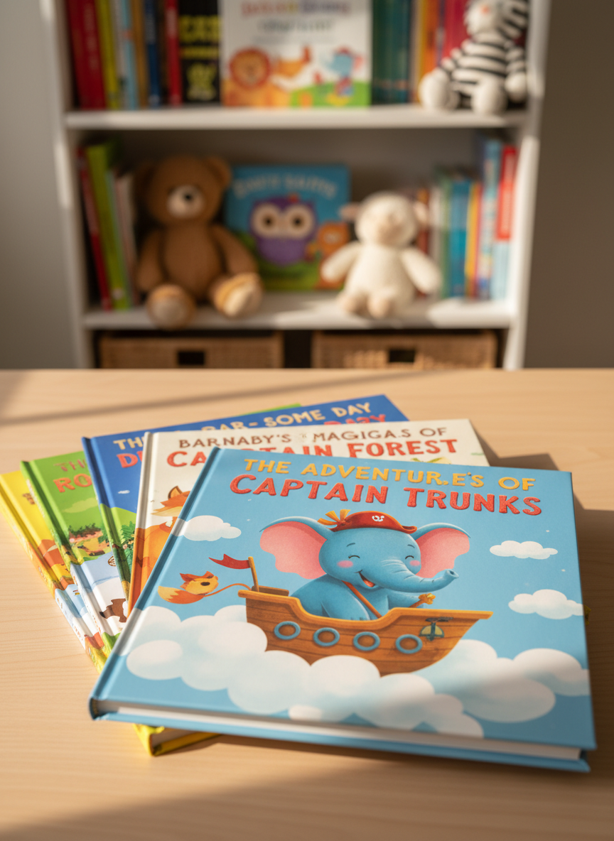 A colorful stack of children’s picture books with glossy, slightly oversized covers, each showing whimsical animal characters and bold, playful titles, arranged in a gentle fan on a light birch wood table. Behind them, a soft-focus nursery-style bookshelf holds more bright storybooks and a few plush toy animals. Warm afternoon sunlight filters through an unseen window, creating soft highlights on the laminated covers and casting gentle, rounded shadows. Photographic realism with vibrant, saturated colors, shot at an eye-level angle with shallow depth of field so the front book is crisply in focus. The mood is joyful, inviting, and playful, perfect for a children’s author’s homepage hero image.