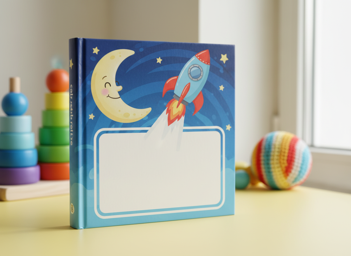 A close-up of a thick, square-format board book standing upright on a pastel yellow surface, its cover featuring a bold, friendly cartoon rocket ship blasting off from a smiling moon, with the title area left blank for custom text. Behind it, slightly blurred, colorful wooden stacking rings and a soft fabric ball add texture and depth. Gentle overcast window light from the right creates smooth, even illumination with soft highlights on the laminated cover and no harsh shadows. Photographic realism with vibrant, child-friendly colors, shot at a slight angle so the book’s spine and thickness are visible. The mood is cheerful, clean, and modern, ideal for a book detail or product-style page.