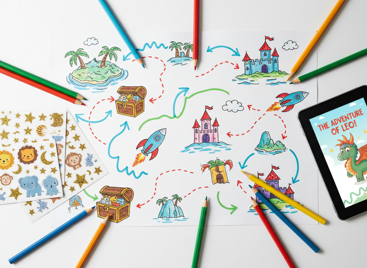 A vibrant flat-lay scene of a children’s adventure story planning board, composed of a large sheet of white paper filled with colorful marker doodles of islands, treasure chests, rockets, and castles, all connected by wavy arrows and dotted lines. Around the paper rest chunky colored pencils, sticker sheets with stars and animal shapes, and a closed tablet showing a tiny thumbnail of a bright book cover. Overhead, soft studio lighting ensures even illumination with subtle, soft-edged shadows from each object. Photographic realism, shot directly from above with sharp focus throughout. The mood is energetic, playful, and imaginative, capturing the planning stage of fun stories for 2 to 6 year olds.