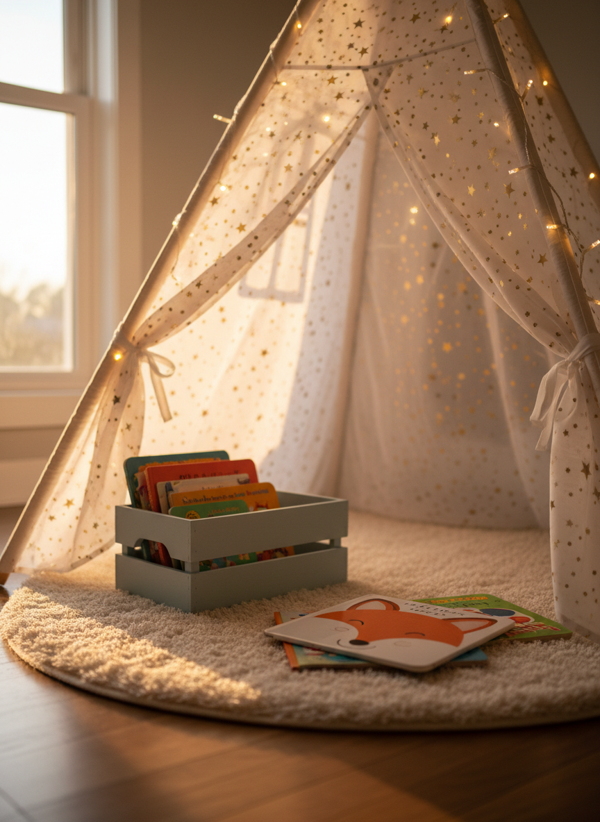 A whimsical reading nook built beneath a small indoor play tent, its fabric a soft white with tiny golden stars, slightly translucent in the warm fairy-light glow draped along its top. Inside, a plush round rug and a small stack of brightly colored board books are arranged around a low, pastel-painted wooden crate used as a book caddy. A smiling cartoon fox is printed on the nearest book cover. Golden hour light from a nearby window mingles with the fairy lights, creating cozy highlights and a gentle bokeh in the background. Photographic realism, shot at a child’s-eye, low angle, evoking a magical, inviting place to read adventurous stories.