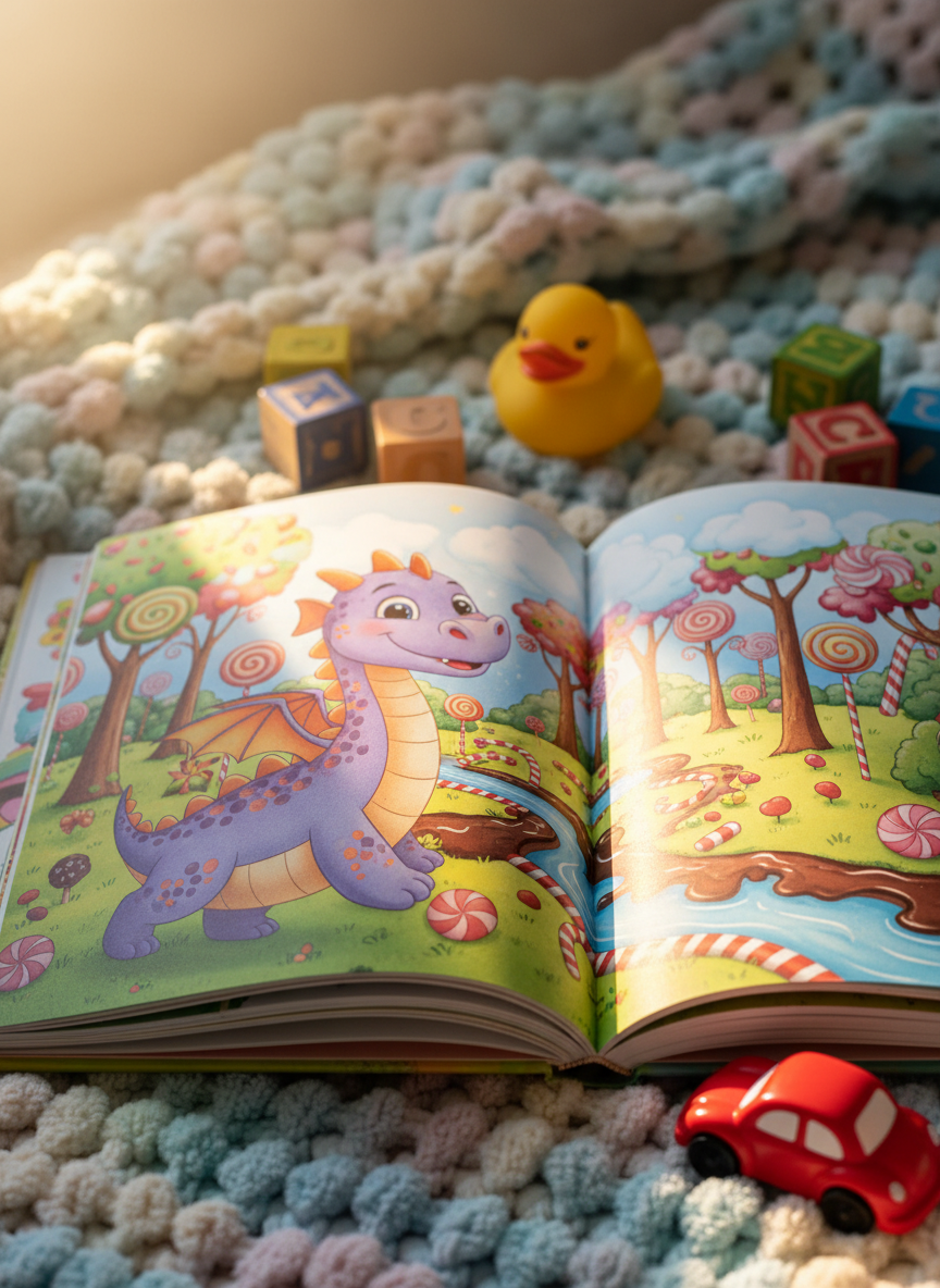 An open children’s picture book lying on a cozy, chunky-knit pastel blanket, its thick, semi-matte pages showing a double-page spread of a friendly dragon exploring a candy-colored forest. Around the book sit scattered wooden alphabet blocks, a small rubber duck, and a bright red toy car, all slightly out of focus. Soft morning light from the left creates a gentle glow across the page, emphasizing the illustrations’ vivid hues. Photographic realism, shot from a slightly elevated angle following the book’s spine, with a shallow depth of field and a warm, comforting, story-time atmosphere that feels intimate and playful.