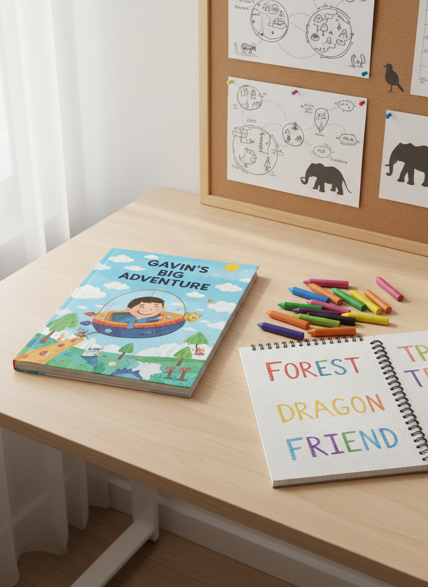 A neat writing desk designed for storytelling, featuring a smooth light-wood surface with a closed, brightly illustrated children’s manuscript mockup titled “Gavin’s Big Adventure,” beside a colorful set of chunky crayons and a spiral notebook filled with large, looping printed words. In the background, a corkboard holds pinned, hand-drawn map sketches of imaginary lands and simple animal silhouettes. Soft, diffused window light creates mild reflections on the desk and gentle shadowing under the objects. Photographic realism with a clean, modern aesthetic, shot from a three-quarter overhead angle. The mood is creative, optimistic, and playful, suggesting the behind-the-scenes process of a children’s author at work.